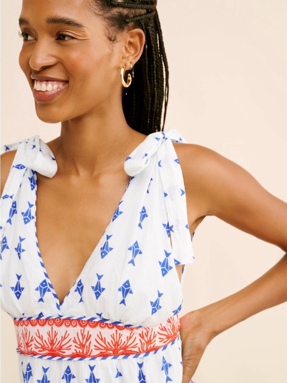 FARM Rio White Mini Dress with Blue Geometric and Red Coral Trim - Picture 2 of 5